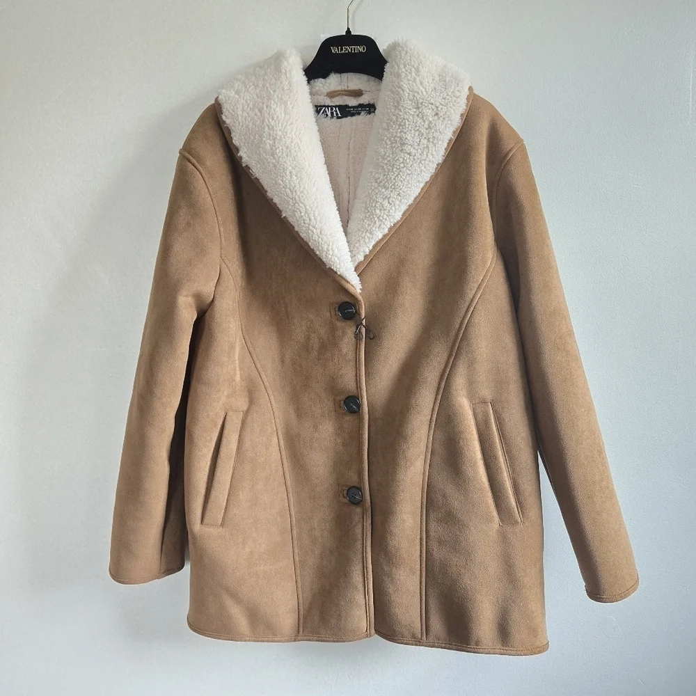 New Zara Double-Faced Semi-Long Front Button Lapel Collar Camel Coat/Jacket XS